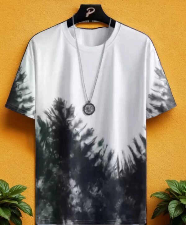 TW Men Tie & Dye Round Neck Polyester White And Black T-Shirt