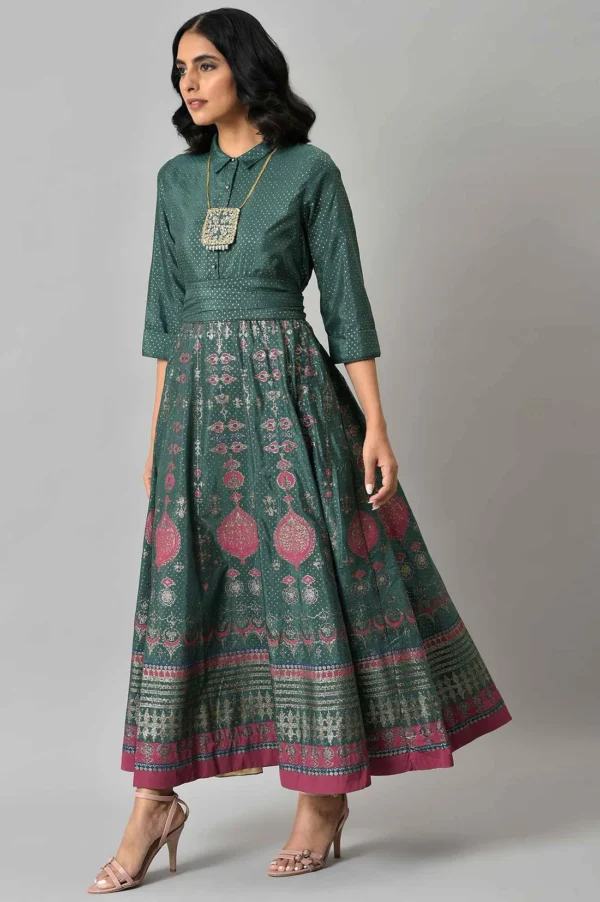W for Woman Women Glitter Printed Festive Shirt Maxi Dress with Placket - Image 5