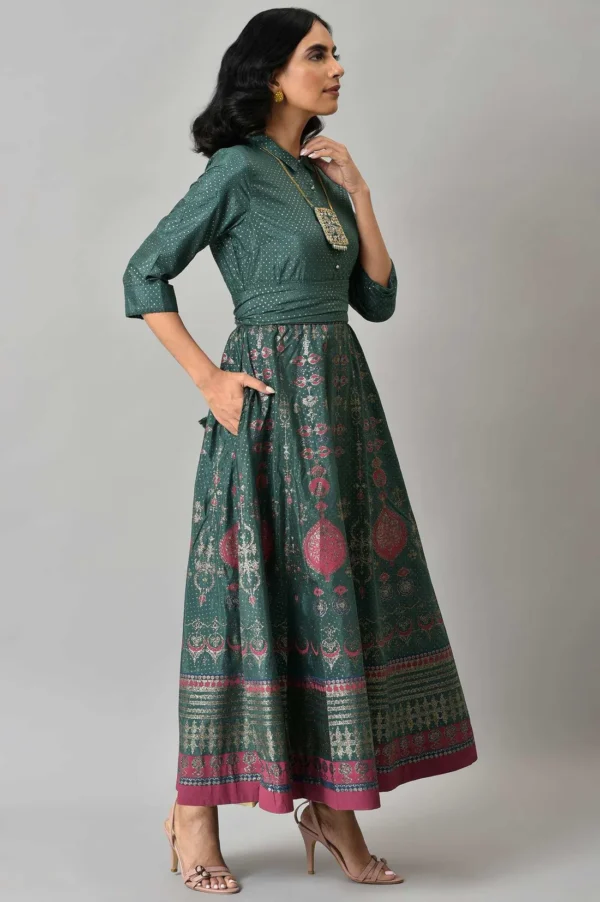 W for Woman Women Glitter Printed Festive Shirt Maxi Dress with Placket - Image 4
