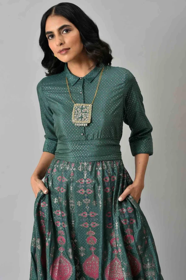 W for Woman Women Glitter Printed Festive Shirt Maxi Dress with Placket - Image 3