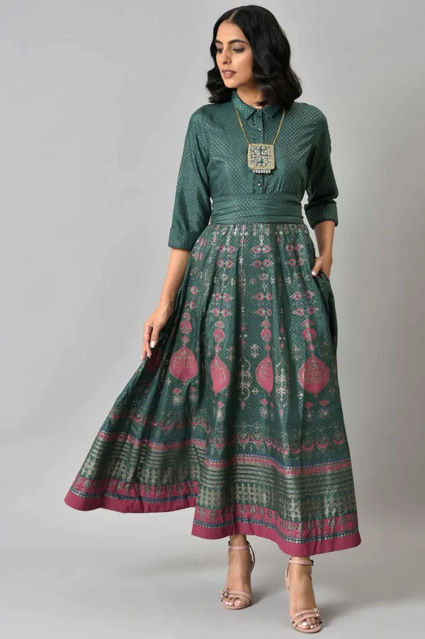 W for Woman Women Glitter Printed Festive Shirt Maxi Dress with Placket - Image 2