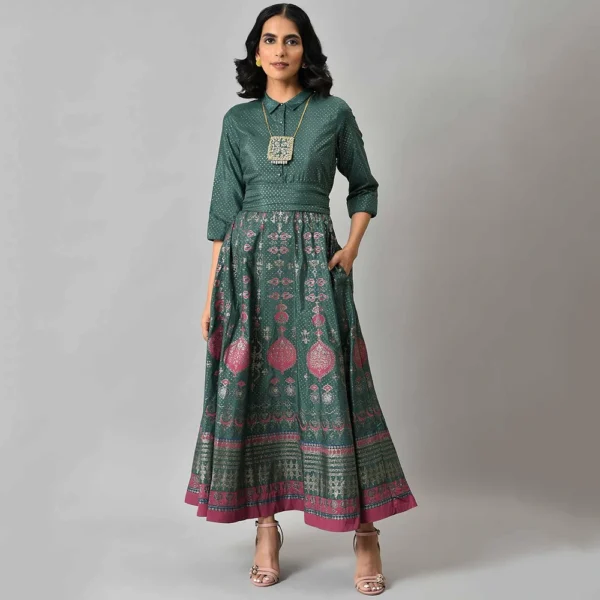 W for Woman Women Glitter Printed Festive Shirt Maxi Dress with Placket