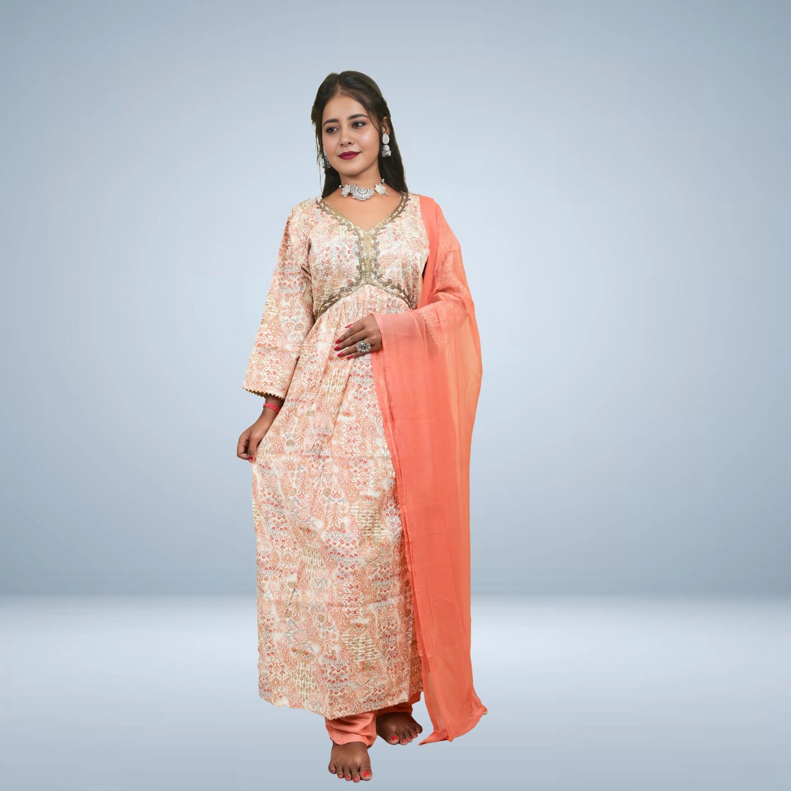 Women Off-White Foil Printed Kurta With Bottom And Dupatta