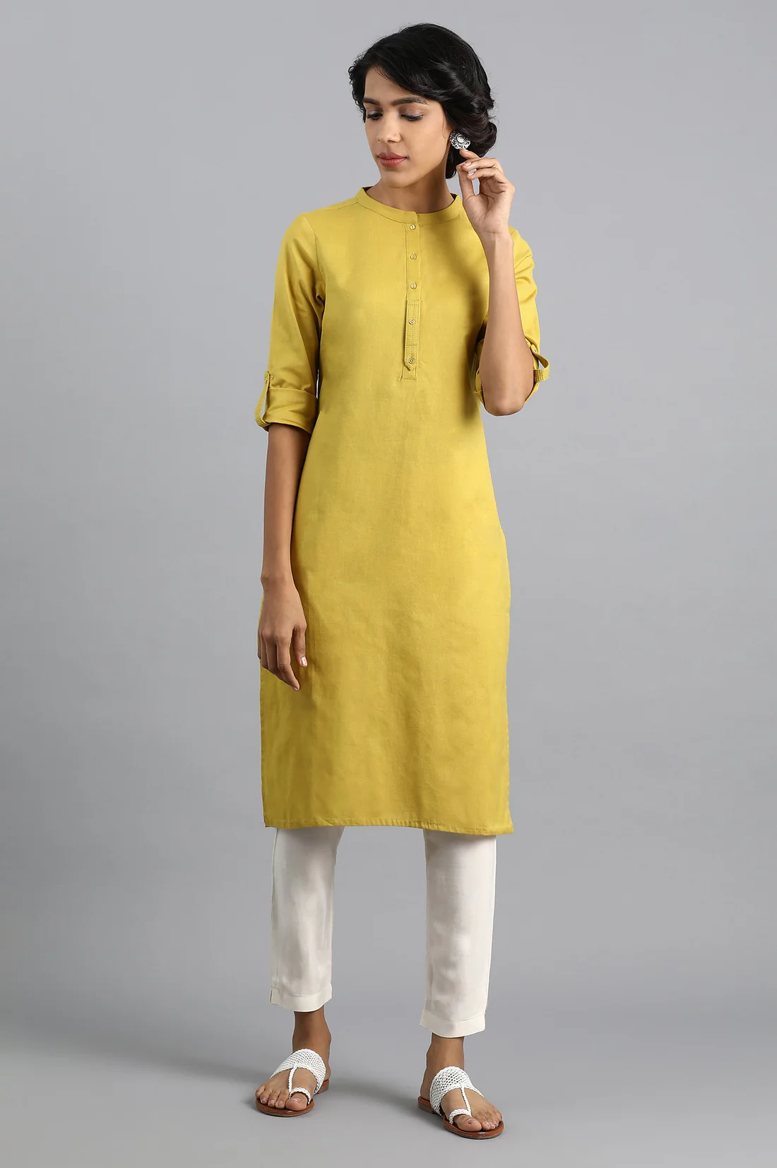 Yellow Mandarin Neck Solid Kurta