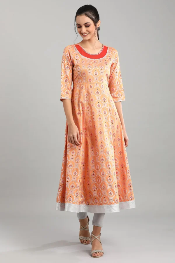 Peach Round Neck Printed Kurta