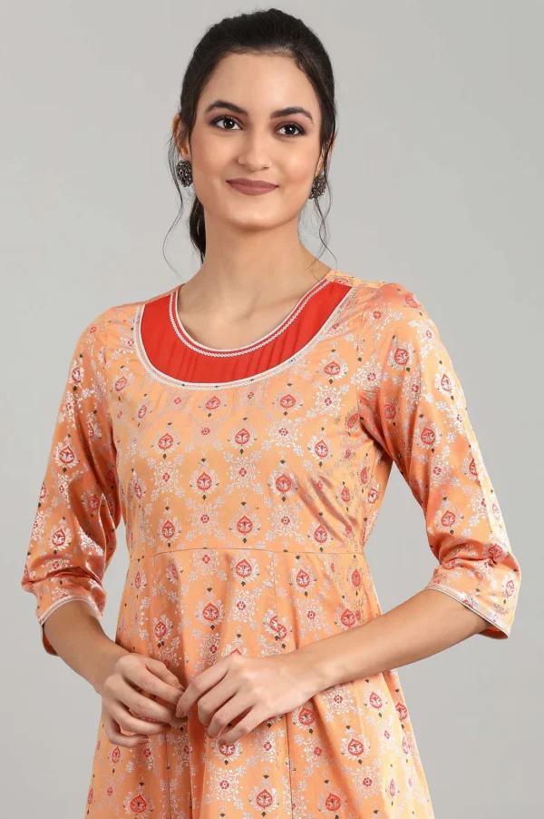 Peach Round Neck Printed Kurta - Image 3