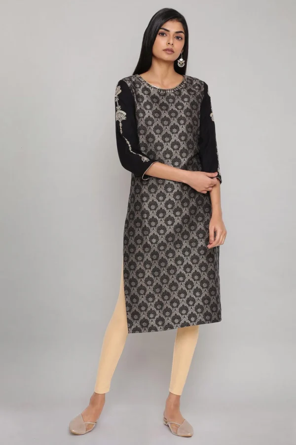 Black Jacquard Kurta With Embroidery