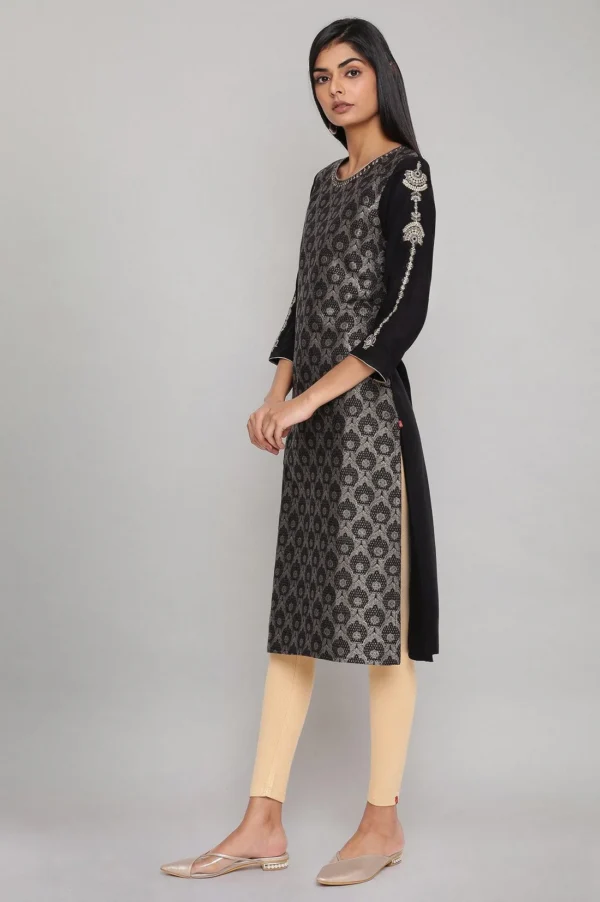 Black Jacquard Kurta With Embroidery - Image 4