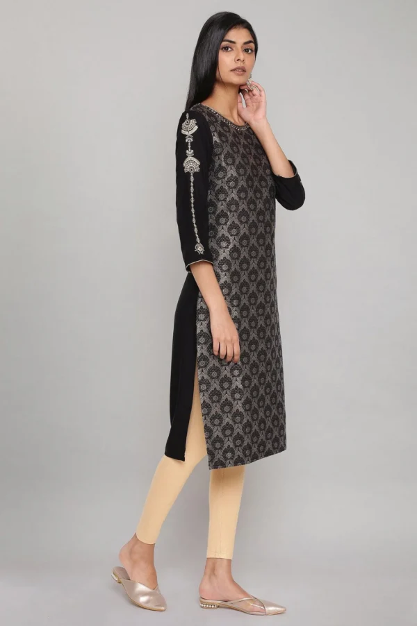 Black Jacquard Kurta With Embroidery - Image 3