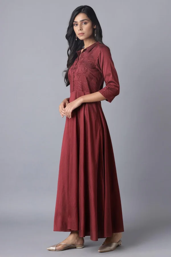 W for Woman Red Embroidered Flared Shirt Dress - Image 4