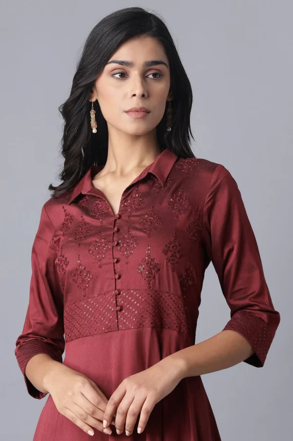 W for Woman Red Embroidered Flared Shirt Dress - Image 2