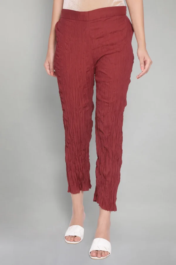 Red Solid Crinkled Parallel Pants - Image 2