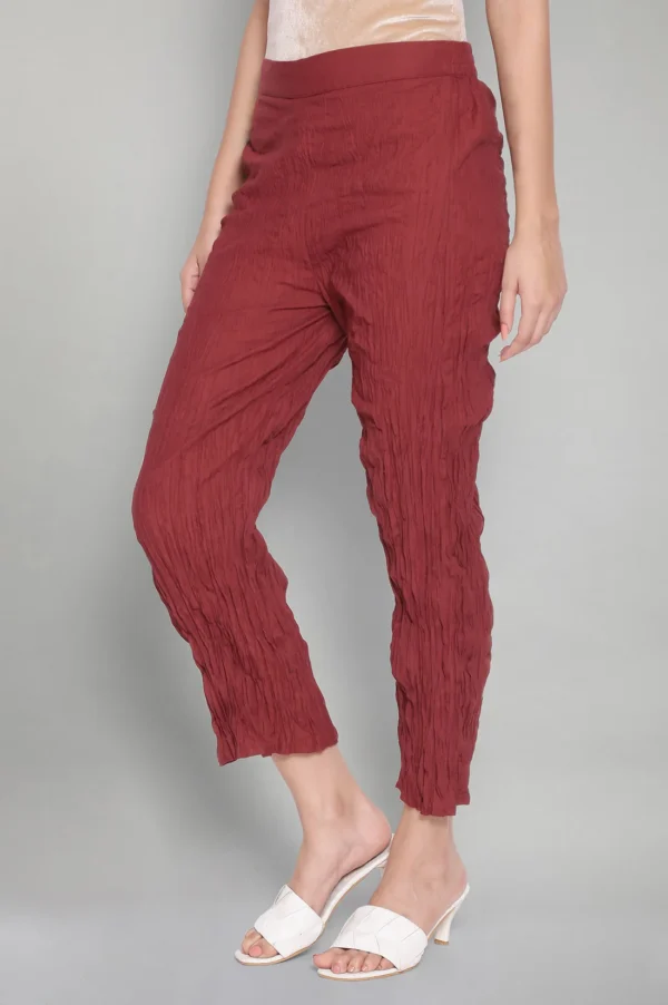 Red Solid Crinkled Parallel Pants - Image 4