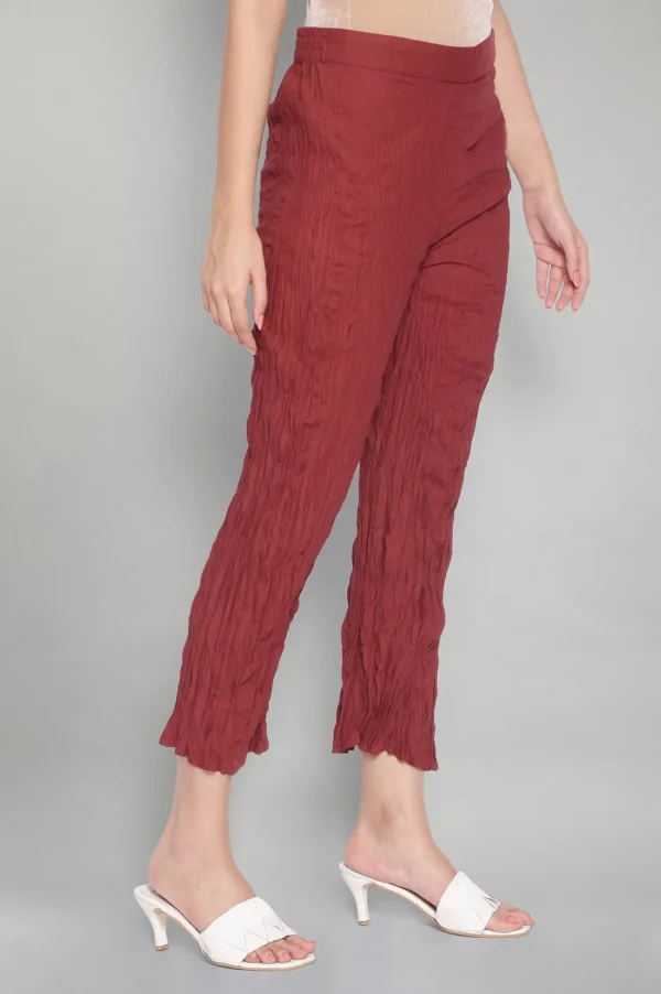 Red Solid Crinkled Parallel Pants - Image 5