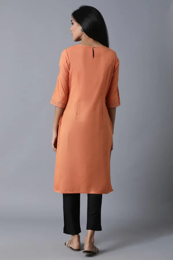 Orange Embroidered Straight Kurta - Image 4