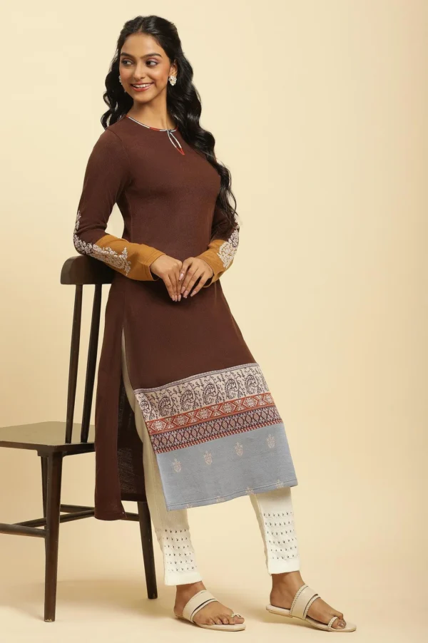 Brown Colour Block Kurta - Image 2