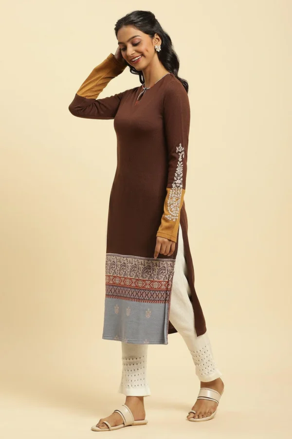 Brown Colour Block Kurta - Image 3