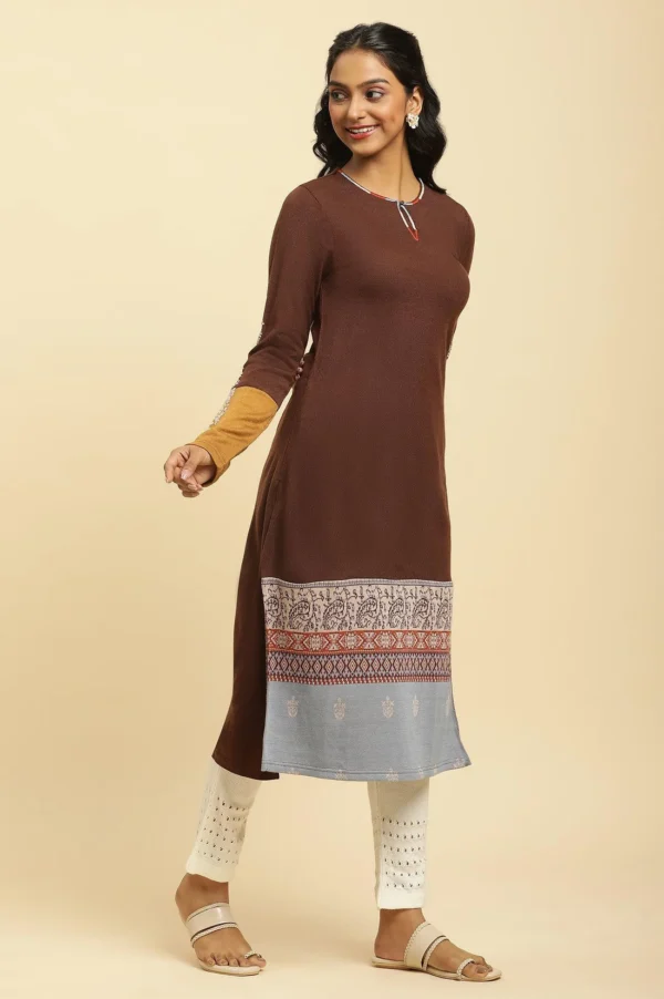 Brown Colour Block Kurta - Image 4
