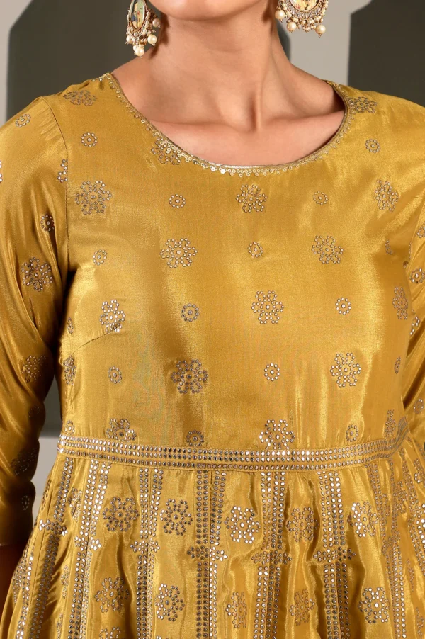 Celery Yellow Mukaish Printed Embellished Flared Dress With Lurex Piping - Image 5