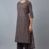 Dark Brown Cotton Paisley Print Kurta In Round Neck - Image 4
