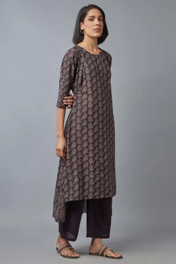 Dark Brown Cotton Paisley Print Kurta In Round Neck - Image 3