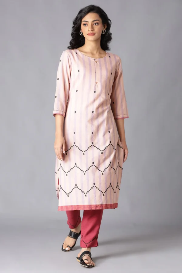 Peach Striped Cotton Dobby Kurta In Round Neck