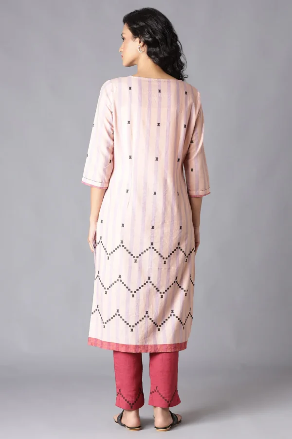 Peach Striped Cotton Dobby Kurta In Round Neck - Image 5