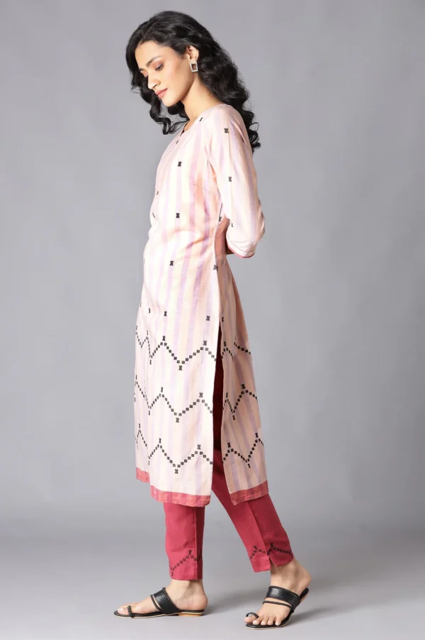 Peach Striped Cotton Dobby Kurta In Round Neck - Image 4