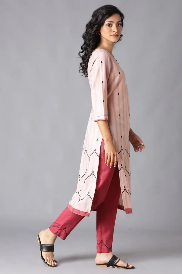 Peach Striped Cotton Dobby Kurta In Round Neck - Image 3