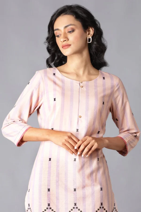 Peach Striped Cotton Dobby Kurta In Round Neck - Image 2