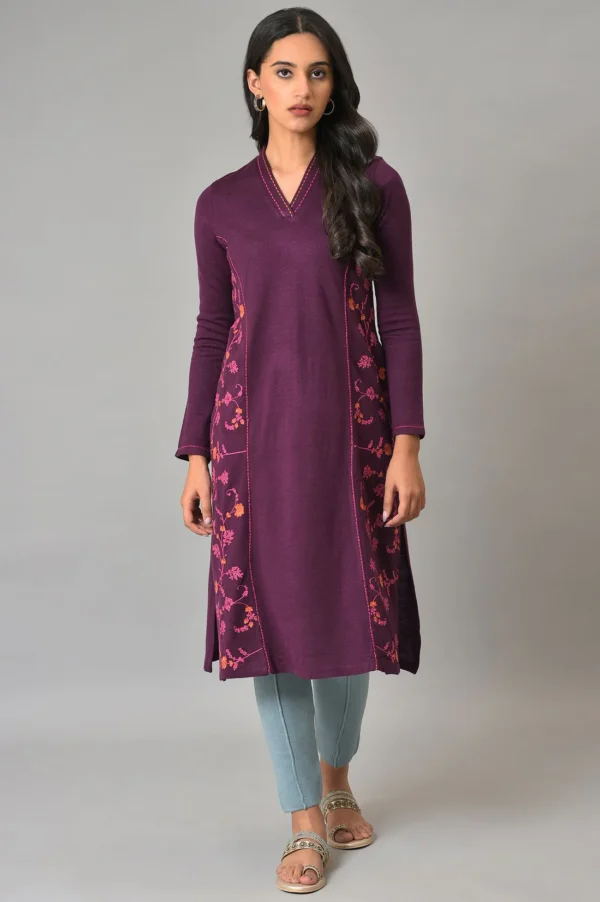 Purple A-Line Embroidered Winter Kurta