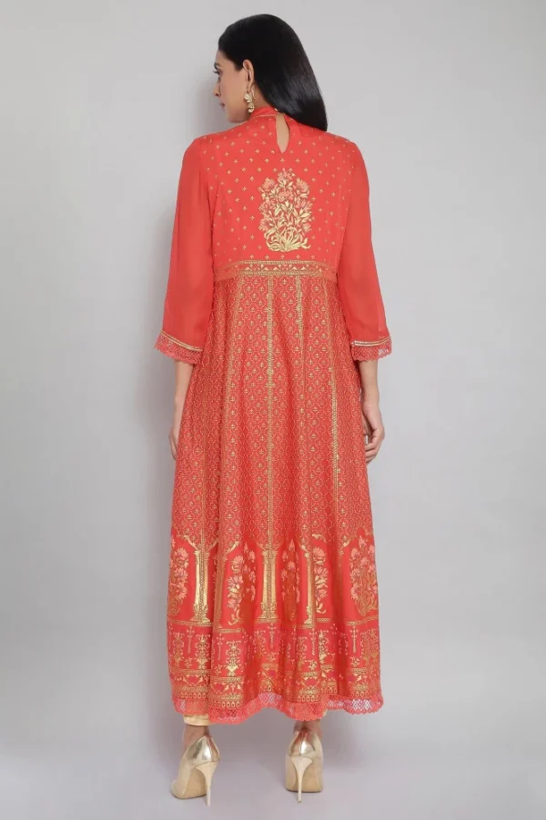 Orange Mandarin Collar Printed Flared Kurta - Image 5
