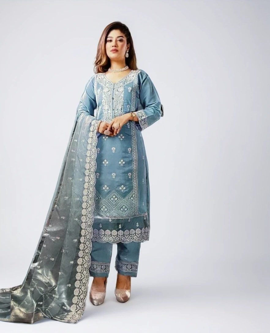 TW Women Viscose Rayon Kurta Pant Dupatta Set With Chikankary Work