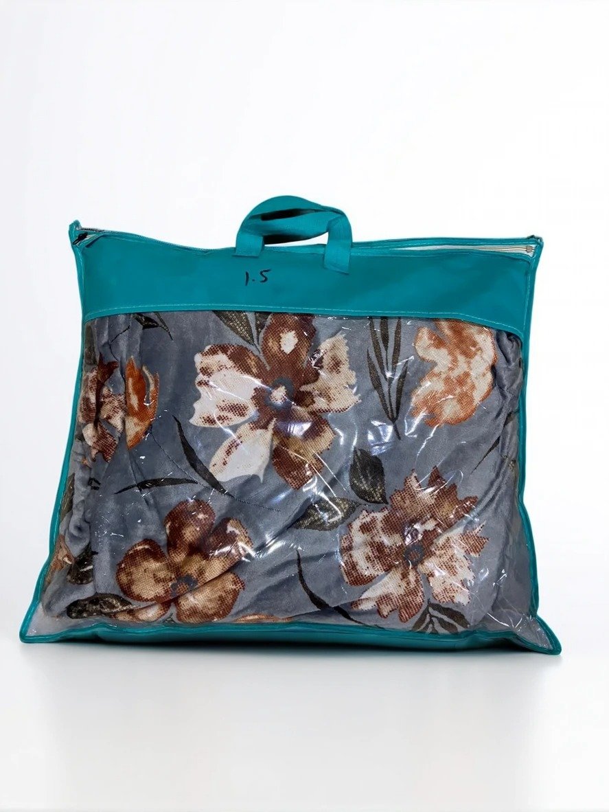 TW Flower Printed Multicolour Cotton Double Blanket With Pillow Cover