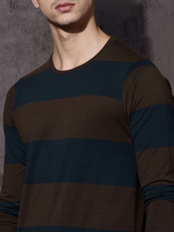 Roadster  Men Striped Round Neck Cotton Blend Brown, Blue T-Shirt - Image 2