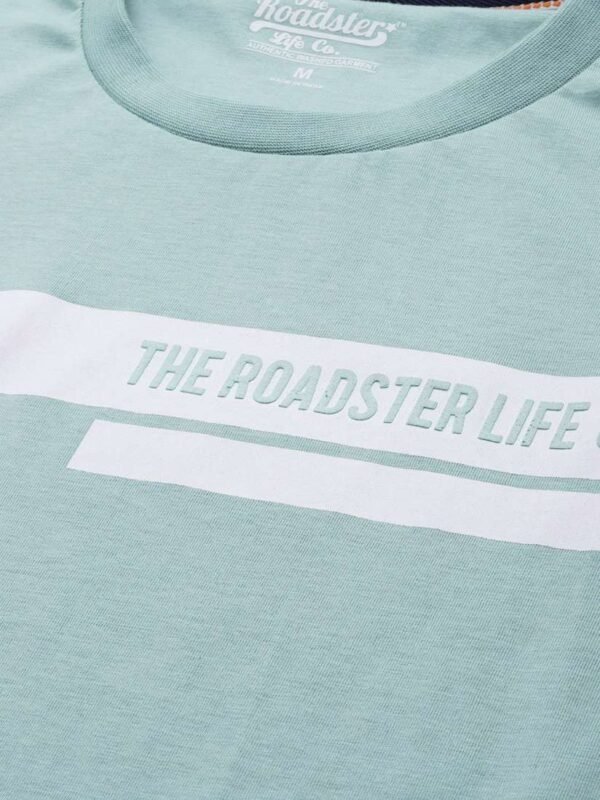 Roadster The Lifestyle Co Men Teal Blue Brand Logo Striped Pure Cotton T-shirt - Image 2