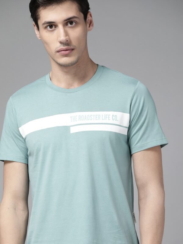 Roadster The Lifestyle Co Men Teal Blue Brand Logo Striped Pure Cotton T-shirt - Image 3