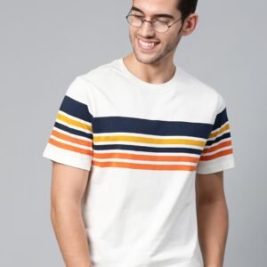 Mast & Harbour Men Off-White & Orange Striped Round Neck T-shirt