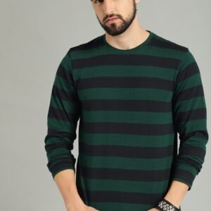 Roadster Men Green Navy Blue Striped Round Neck Pure Cotton T-shirt