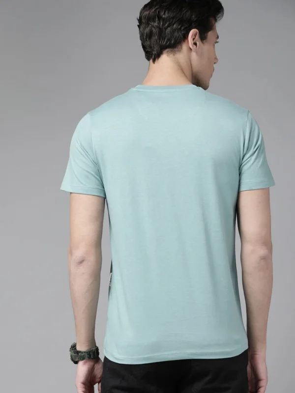 Roadster The Lifestyle Co Men Teal Blue Brand Logo Striped Pure Cotton T-shirt - Image 4