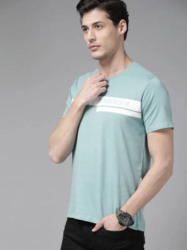 Roadster The Lifestyle Co Men Teal Blue Brand Logo Striped Pure Cotton T-shirt - Image 5