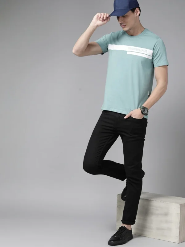 Roadster The Lifestyle Co Men Teal Blue Brand Logo Striped Pure Cotton T-shirt