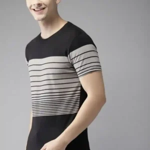 HERE&NOW Men Black Grey Striped Cotton Pure Cotton T-shirt