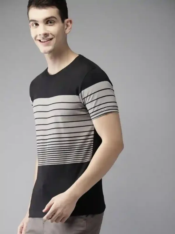 HERE&NOW Men Black Grey Striped Cotton Pure Cotton T-shirt