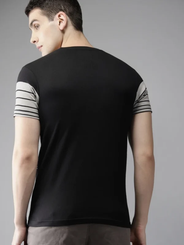 HERE&NOW Men Black Grey Striped Cotton Pure Cotton T-shirt - Image 2