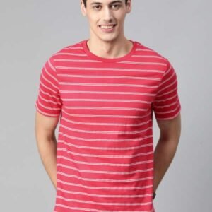 Mast & Harbour Men Pink & White Striped Round Neck T-shirt