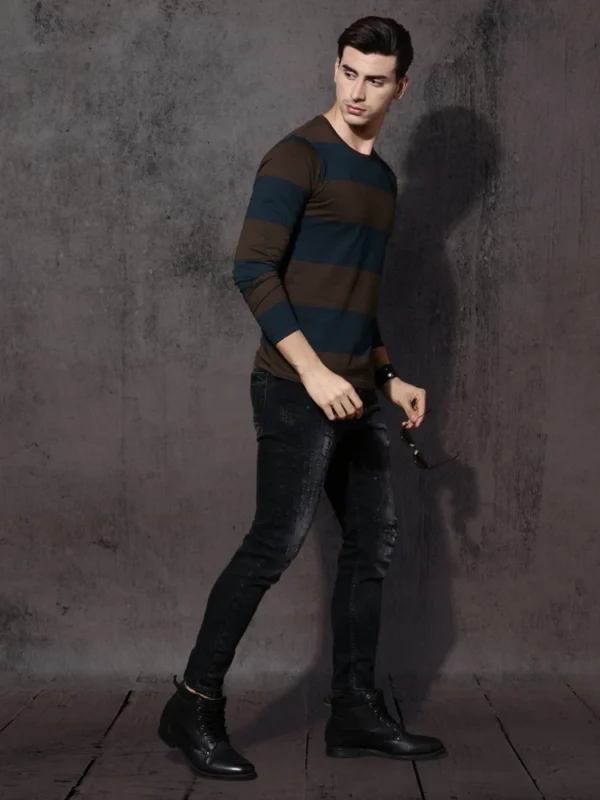Roadster  Men Striped Round Neck Cotton Blend Brown, Blue T-Shirt - Image 3