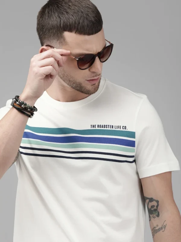 Roadster  Men Striped Round Neck Pure Cotton White T-Shirt