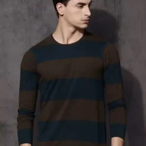 Roadster  Men Striped Round Neck Cotton Blend Brown, Blue T-Shirt