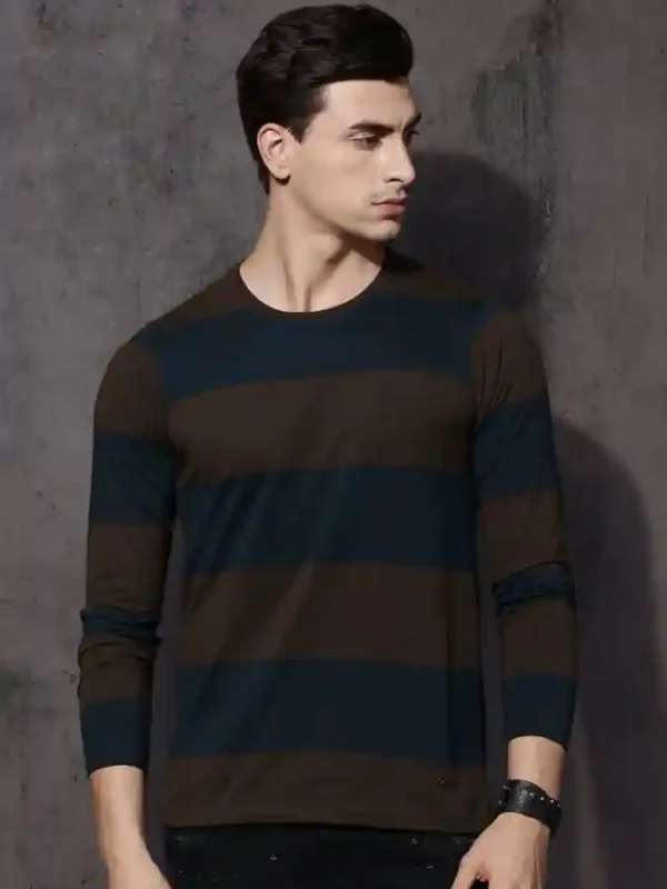 Roadster  Men Striped Round Neck Cotton Blend Brown, Blue T-Shirt